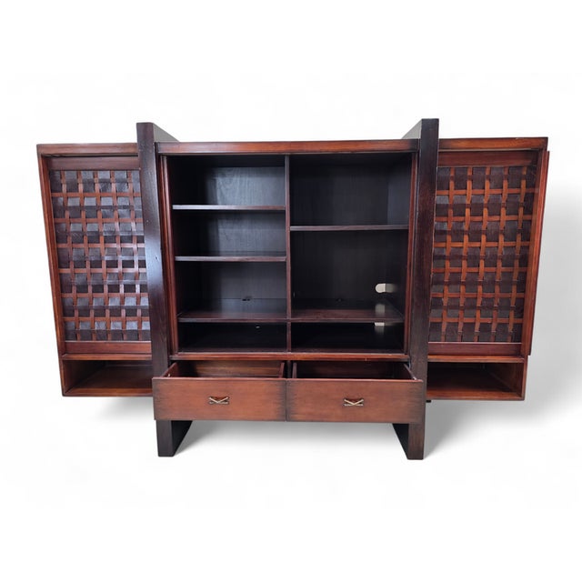 Wood Vintage Modern Mahogany Media Console With Sliding Woven Doors by South Cone For Sale - Image 7 of 8