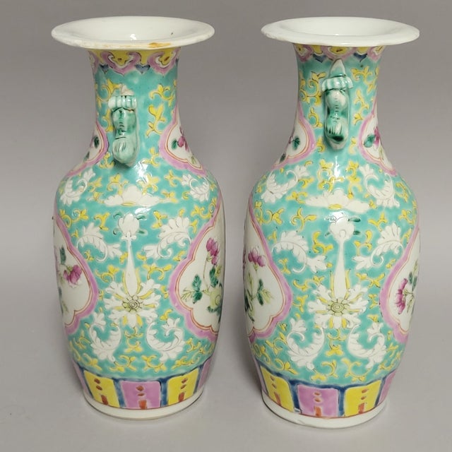 Pair of Chinese Famille Rose Porcelain Vases With Peony Medallions, Circa 1900 For Sale - Image 4 of 10