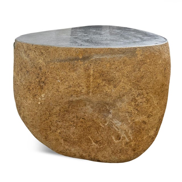 Solid heavy vintage stone boulder outdoor side table or stool. Rustic organic modern piece. Each is unique with natural...