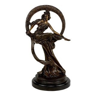 Vintage Art Deco 17" Women Witch on Moon Bronze Sculpture For Sale