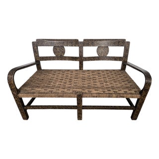 Vintage Italian Burl Wood and Cord Woven Rope Lounge Bench, 1960s For Sale