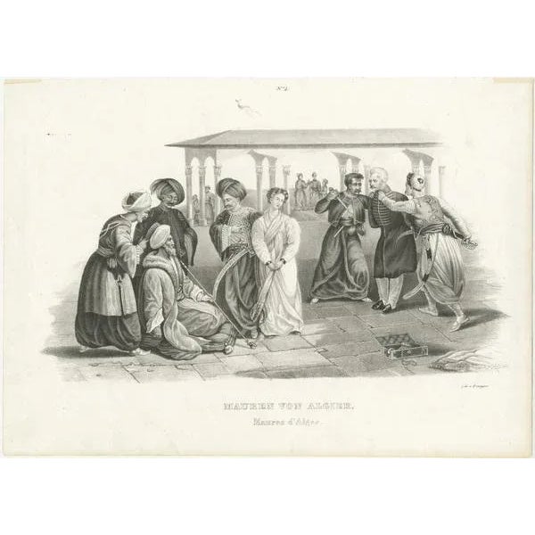 Antique print titled 'Mauren von Algier. Maures d'Alger'. Original antique steel engraving showing Moors from Algiers,...