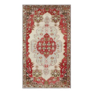 Layered Medallion Vintage Turkish Area Rug Oushak With Geometric Motifs For Sale