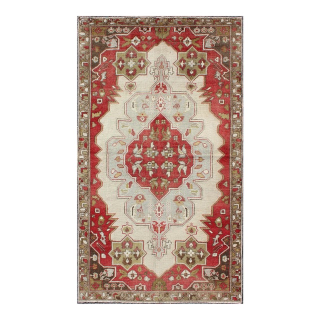 Layered Medallion Vintage Turkish Area Rug Oushak With Geometric Motifs For Sale