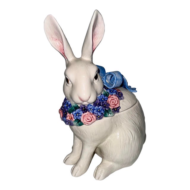 1980s Fitz & Floyd Bunny With Floral Garland and Blue Bow For Sale