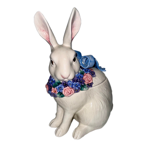 1980s Fitz & Floyd Bunny With Floral Garland and Blue Bow
