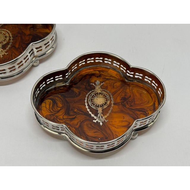 Pair, English Faux Tortoiseshell & Silverplate Gallery Edge Wine Coaster For Sale In Providence - Image 6 of 7