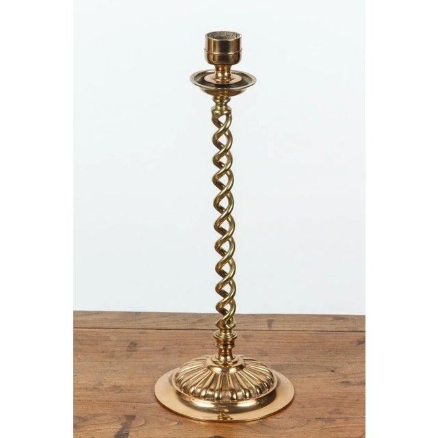 Gold Antique 19th C. Pair of Victorian Brass Over Scale Barley Twist Candlesticks For Sale - Image 8 of 11