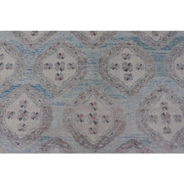 All-Over Tribal Motifs Design Light Blue With Hints of Orange Turkish Oushak Rug For Sale - Image 10 of 12