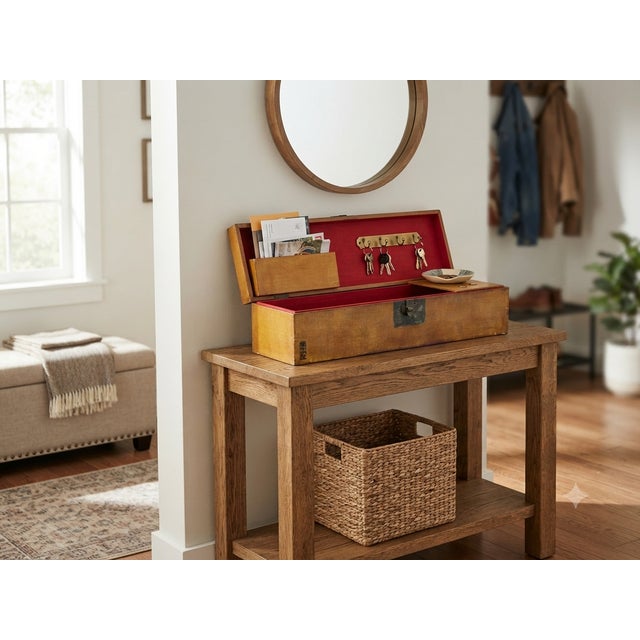 Wood Vintage Scholar Mustard Yellow Leather Rectangular Wood Trunk Box For Sale - Image 7 of 11
