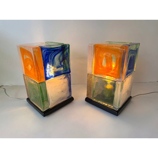 Glass Contemporary Pair of Lamps Cubic Pennellate Murano Glass. Italy For Sale - Image 7 of 12