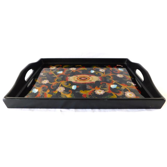 Vintage Hand Painted Black Lacquer Floral Wood Serving Tray With Handles For Sale - Image 4 of 10