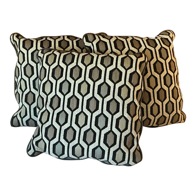 1980s Abstract Boho Chic Geometric Gray & Black Chenille Tapestry Style Pillows - Set of 3. For Sale