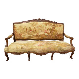 Antique French Louis XV Walnut Gold Tapestry Settee Canape "Country Setting" For Sale