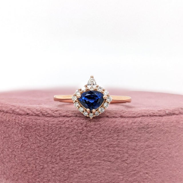 Trillion 6x4.5mm Ceylon Sapphire Ring W Earth Mined Diamonds in Solid 14k Gold, Size 6.75 For Sale - Image 4 of 12