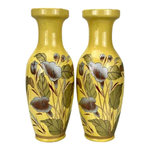 Vintage Chinese Yellow Porcelain Calla Lily Floral Motif Vase - a Pair