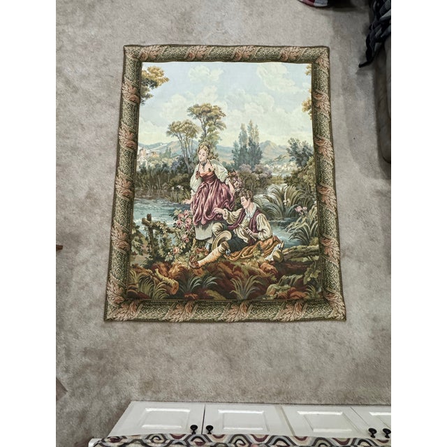 Textile Vintage Mid-Century French Aubusson-Style Pastoral Jacquard Tapestry, 62" X 48" For Sale - Image 7 of 8