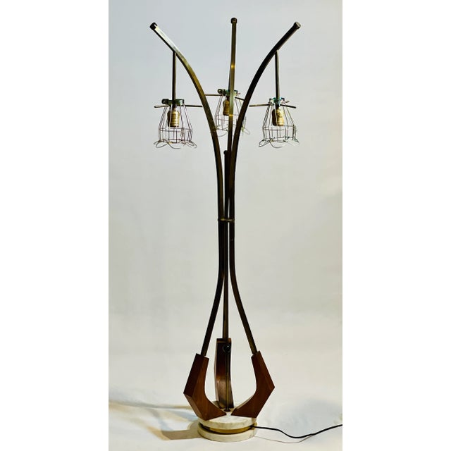 Mid-Century Modern Vintage Danish Modern Organic Form Three-Light Teak and Brass Floor Lamp For Sale - Image 3 of 9