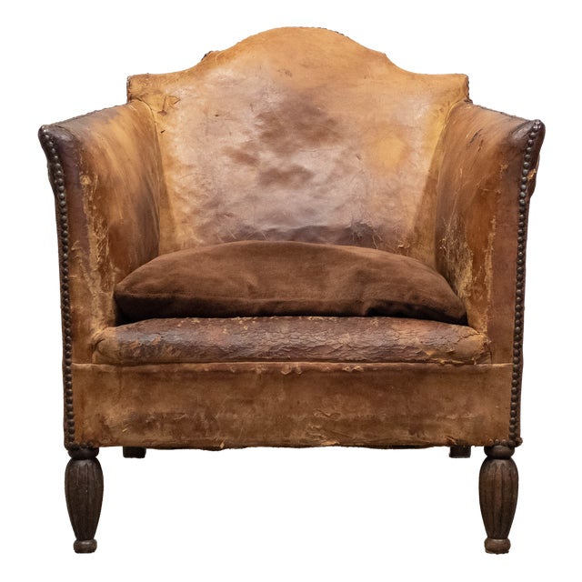 French Sheep Leather and Velvet Lounge Chair in the style of Louis Chambry, 1920s For Sale