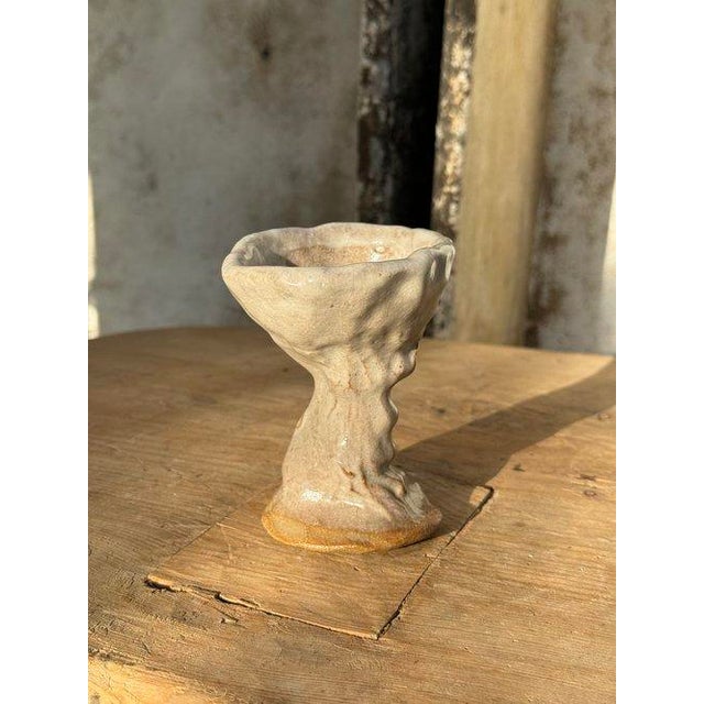 Abstract Vintage Naïve Art Pottery Goblet With Hand Pressed Stem Signed Mary For Sale - Image 3 of 6