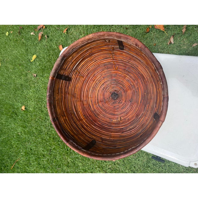 Vintage 17.5” Handmade Primitive Pencil Rattan Basket With Leather Rim For Sale - Image 4 of 12