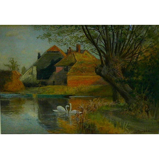 An original watercolor painting on paper by John Pedder, R.I., British artist 1850-1929, "Near Hurley on Thames" scene of...