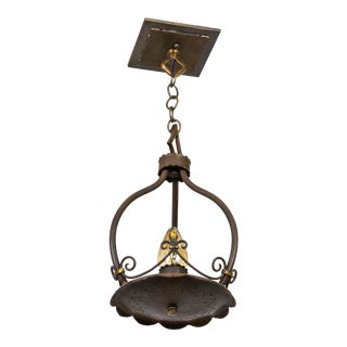 1920s Spanish Revival 1-Light Iron Pendant W/ Fluer De Lis For Sale