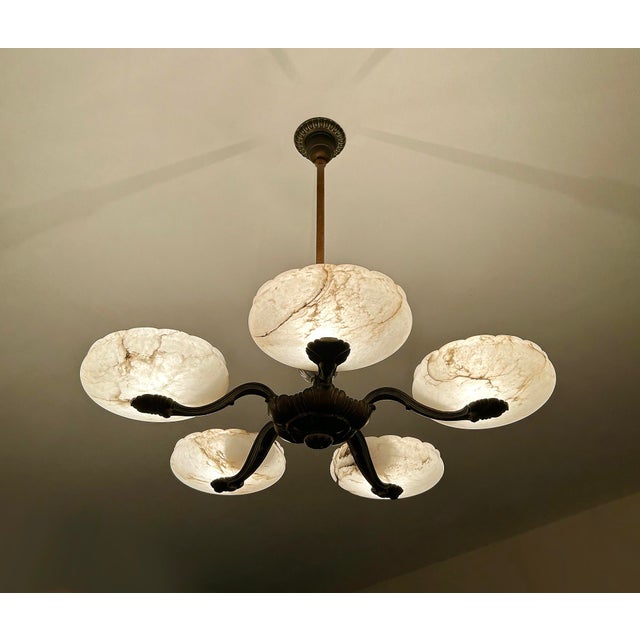 Large Art Deco Alabaster and Bronze Pendant Light, 1930s For Sale - Image 14 of 18