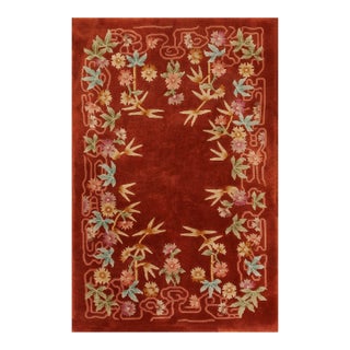 1930s Ruby Red Floral Antique Chinese Art Deco Carpet 4'4" X 6'6" Knotted Wool Rug For Sale