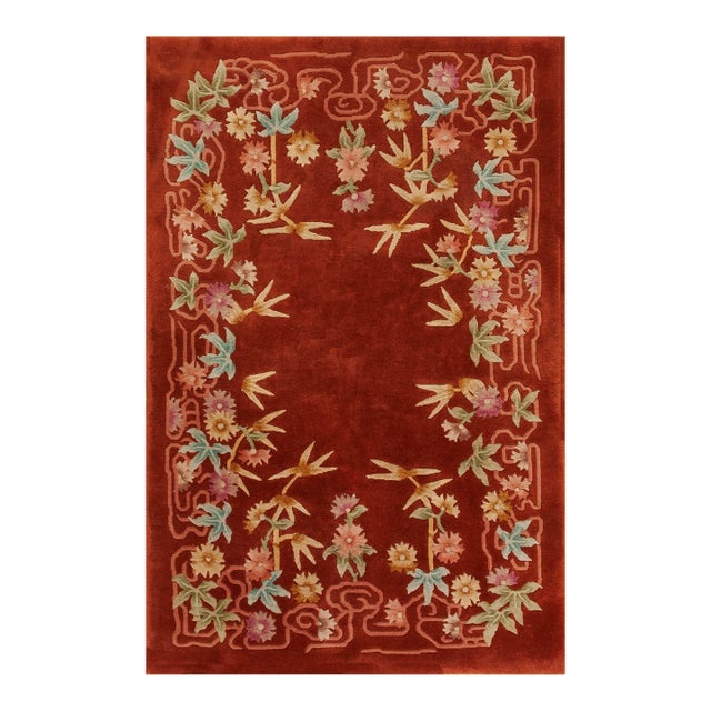 1930s Ruby Red Floral Antique Chinese Art Deco Carpet 4'4" X 6'6" Knotted Wool Rug For Sale