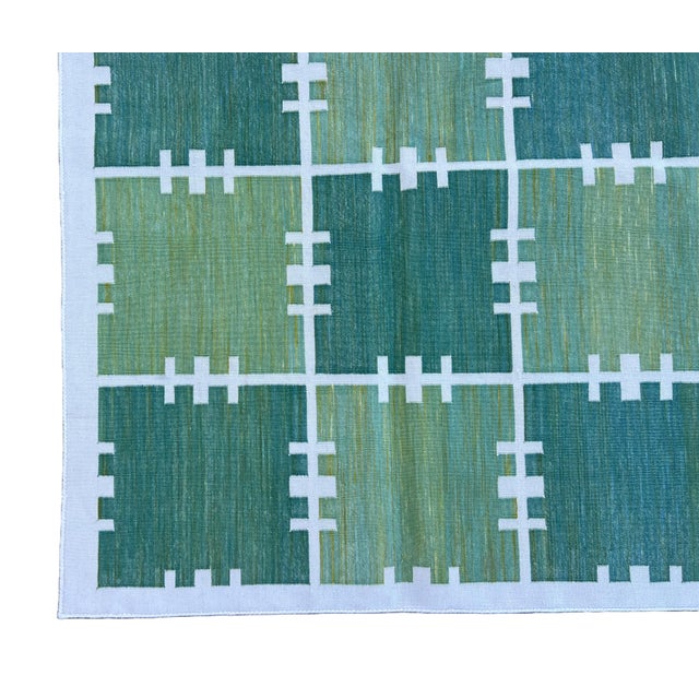 Handmade Cotton Area Rug, Natural Vegetable Dyed, Green and Cream Checked Dhurrie- 8'x10' For Sale - Image 10 of 10