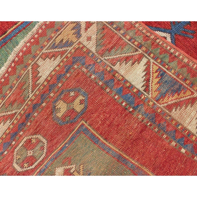 Textile Antique Caucasian Fachralo Kazak With Tribal Design in Green, Red and Ivory 3'9 X 4'2 For Sale - Image 7 of 7
