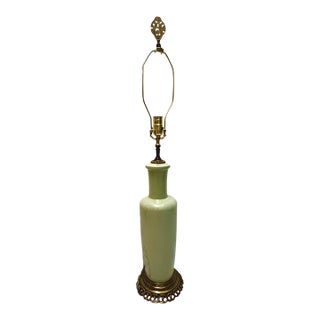 Mid-Century Paul Hanson Celadon Glazed Ceramic Table Lamp - Solid Cast Brass Base For Sale