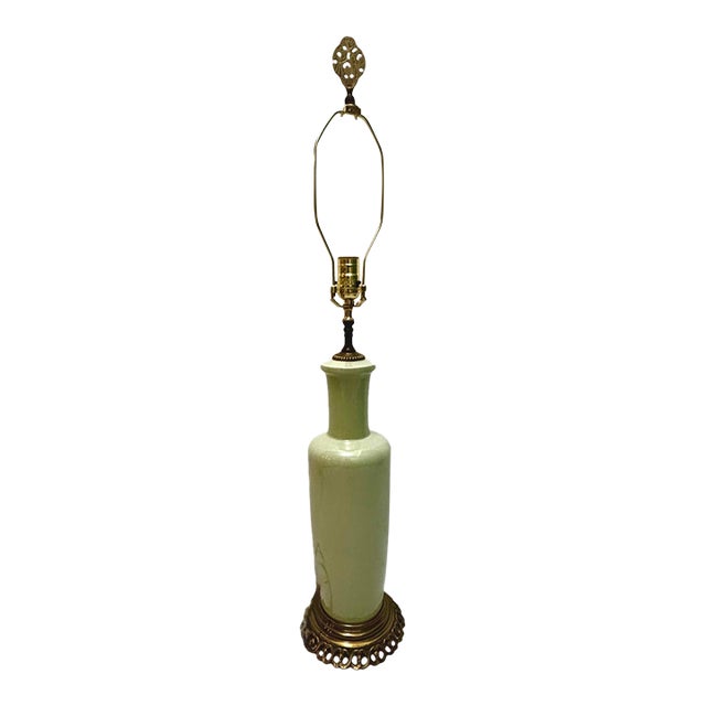 Mid-Century Paul Hanson Celadon Glazed Ceramic Table Lamp - Solid Cast Brass Base For Sale