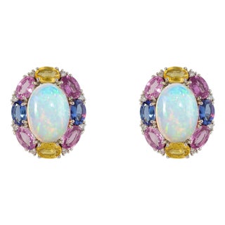 18k White Gold 18.2ct Opal & Multi Sapphire Cluster Stud Earrings With Diamonds- 2 Pieces For Sale