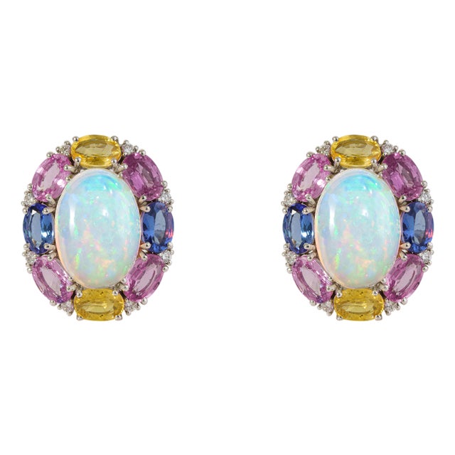 18k White Gold 18.2ct Opal & Multi Sapphire Cluster Stud Earrings With Diamonds- 2 Pieces For Sale