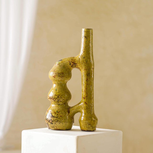 Art Deco Tamegroute Ochre Ceramic Sculptural Vase | One of a Kind For Sale - Image 3 of 6