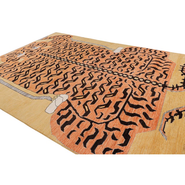 Rug & Kilim Rug & Kilim’s Contemporary Tiger Rug in Gold With Brown and Orange Pictorial For Sale - Image 4 of 7