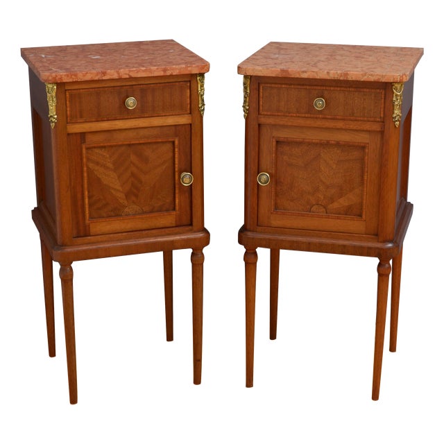 Antique French Mahogany Bedside Cabinets with Marble Tops, 1900, Set of 2 For Sale
