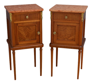 Antique French Mahogany Bedside Cabinets with Marble Tops, 1900, Set of 2