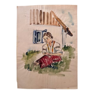 Henry Emil Salloch Original Watercolor on Paper Woman in Traditional Folk Dress, 1936. For Sale