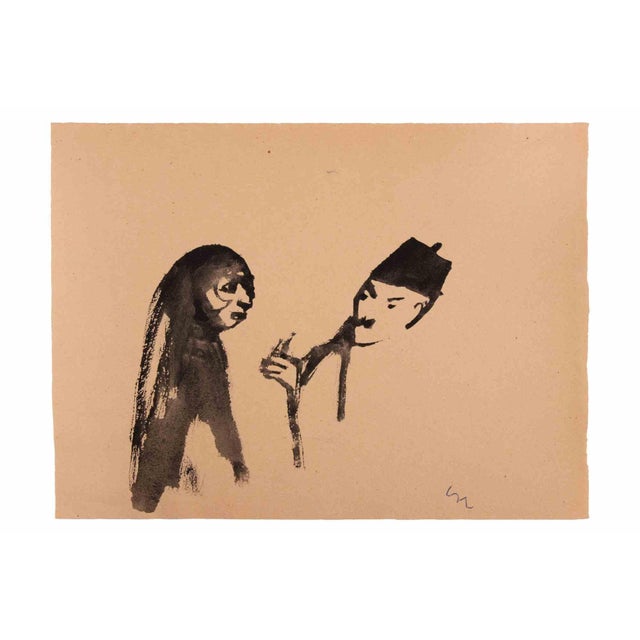 Figures is an Artwork realized by Mino Maccari (1924-1989) in 1960. Watercolor on yellowed paper. Monogrammed on the lower...