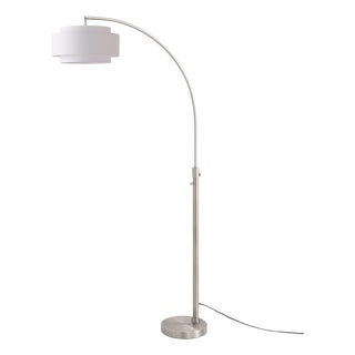 Coronado Float Chairside Arc Lamp by Nova of California - Satin Nickel Steel, White Linen Drum Shade, 92 Inch Tall, 16 Inch Shade, Dimmable For Sale