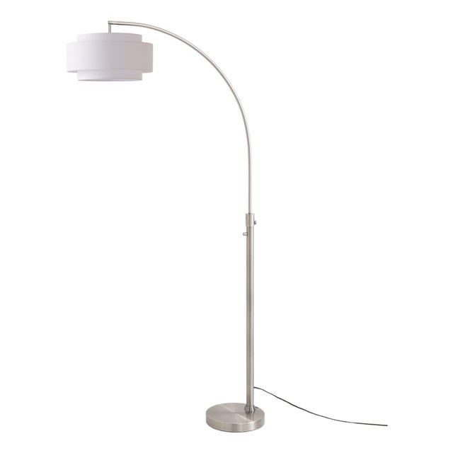 Coronado Float Chairside Arc Lamp by Nova of California - Satin Nickel Steel, White Linen Drum Shade, 92 Inch Tall, 16 Inch Shade, Dimmable For Sale