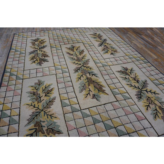 1930s Ivory Crean Floral Folk Art Antique American Hooked Rug 7'10'' X 10' Handknotted Wool Carpet For Sale - Image 10 of 12