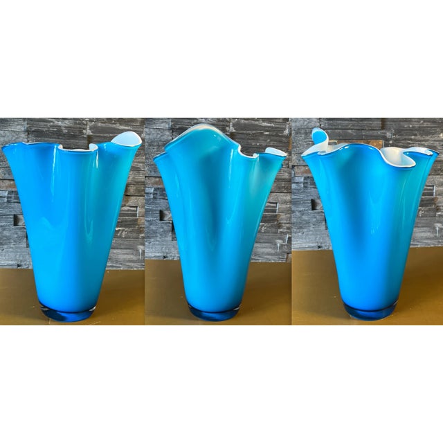 Sky Blue Vintage 16-In. Tall Art Glass Handkerchief Sky Blue Vase With White Cased Glass Interior For Sale - Image 8 of 12