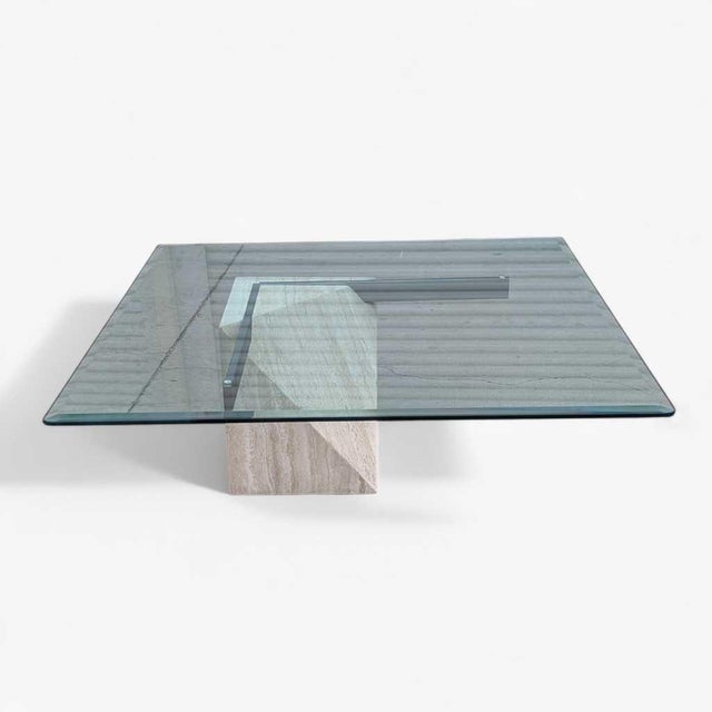 1980s Postmodern Glass Coffee Table With Travertine Base For Sale - Image 16 of 18