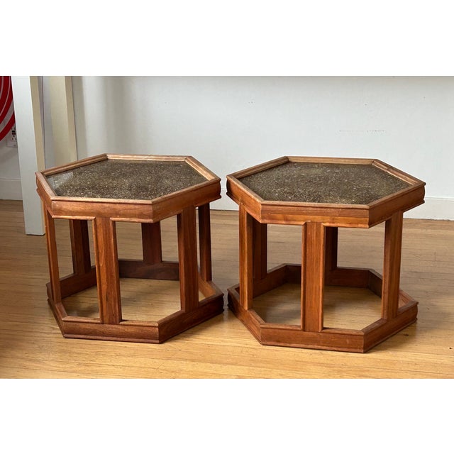 This is a vintage pair of Mid-Century Modern "Domino" hexagonal side tables designed by John Keal for Brown Saltman,...