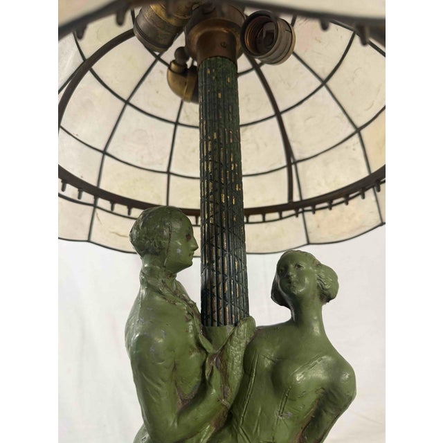 1920s Art Deco Figural Re-Circulating Fountain Lamp - Working Verdigris Spelter Sculpture & Iridescent Natural Capiz Shell Dome Shade For Sale - Image 9 of 14