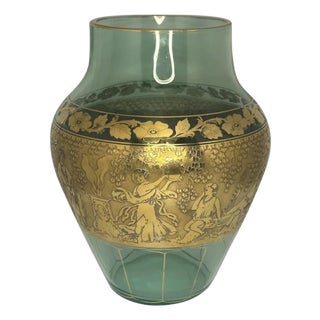 Early 20th Century Moser Uranium Glass Vase: Gilt Frieze, Renaissance Revival, 13" Tall For Sale